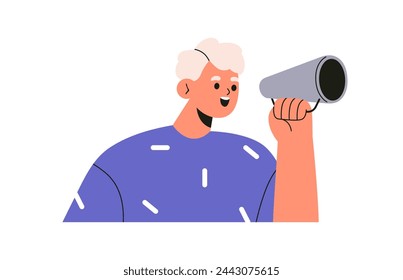 Person announcing with loudspeaker in hand. Happy man speaker, shouting, speaking loud with megaphone, bullhorn for marketing announcement. Flat vector illustration isolated on white background