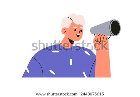 Person announcing with loudspeaker in hand. Happy man speaker, shouting, speaking loud with megaphone, bullhorn for marketing announcement. Flat vector illustration isolated on white background