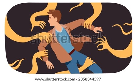 Person anxiety and fear problem. Scary hands reaching for stressed afraid man having panic attack. Depression, psychology, mental health disorder, phobia, stress concept flat vector illustration
