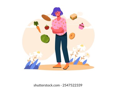 A person appears to be struggling with various food items floating around them, depicting a sense of confusion. Vector illustration