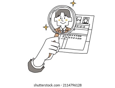 A person appears in the resume. Looking at the resume with a magnifying glass. A comical handwritten person. Vector on a white background.