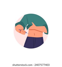 Person apply self injection in belly flat vector illustration. Boy inject himself shot of medication with syringe. Self care and help concept. Close up drawing