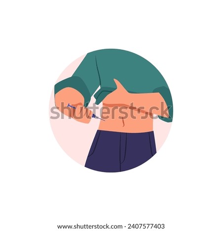Person apply self injection in belly flat vector illustration. Boy inject himself shot of medication with syringe. Self care and help concept. Close up drawing