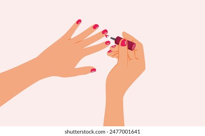 
Person Applying Red Nail Polish Vector Cartoon illustration. Woman having her nails done at home 
