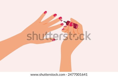 
Person Applying Red Nail Polish Vector Cartoon illustration. Woman having her nails done at home 
