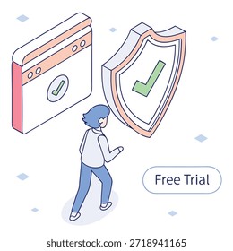 Persona que se acerca a un ícono de escudo y una ventana del navegador con marcas de verificación y texto de Prueba gratis