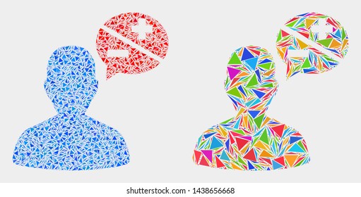 Person arguments mosaic icon of triangle items which have different sizes and shapes and colors. Geometric abstract vector design concept of person arguments.
