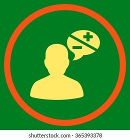 Person Arguments vector icon. Style is bicolor flat circled symbol, orange and yellow colors, rounded angles, green background.