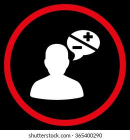 Person Arguments vector icon. Style is bicolor flat circled symbol, red and white colors, rounded angles, black background.