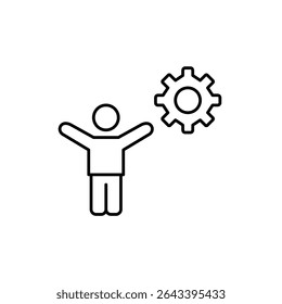 Person with arms raised and cogwheel. User empowerment, achievement settings, success configuration, personal growth management, motivation control. Pixel perfect, editable stroke vector icon