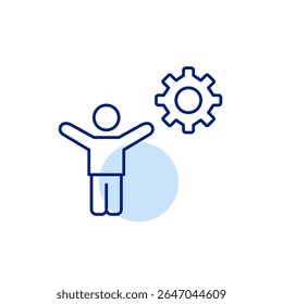 Person with arms raised and cogwheel. User empowerment, achievement settings, success configuration, personal growth management, motivation control. Pixel perfect, editable stroke vector icon