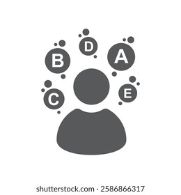 A person and around his head molecules with vitamins A, B, C, D and E.