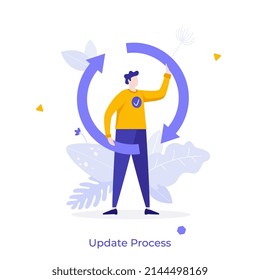 Person and arrow cycle symbol. Concept of software version update or renewal process indication, system or web application upgrade procedure. Flat colorful vector illustration for banner, poster.