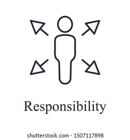 Person. Arrows. Multilateral responsibility. Vector linear icon isolated on white background.