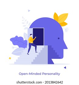 Person Ascending Stairs And Entering Door To Giant Head. Concept Of Open-minded Personality, Entrance To Human Unconscious Or Subconscious Mind. Modern Flat Vector Illustration For Banner, Poster.