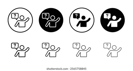 Person asking question icon Black and white outline vector