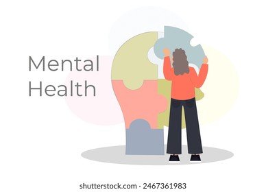 Person assembling a brain with heart jigsaw puzzle. mental health support concept, wellness of mental health and mindfulness in psychiatric therapy in depression, flat vector illustration	