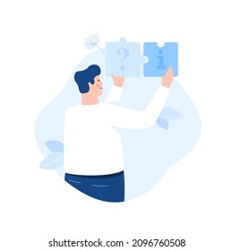 Person assembling jigsaw puzzle pieces with interrogation point and info sign. Concept of information guide, questions and answers, FAQ section. Modern flat vector illustration for banner, poster.