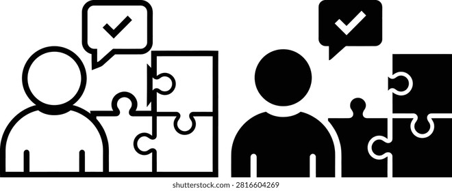 Person assembling puzzle pieces with success checkmark thought process solution checkmark strategy business complete