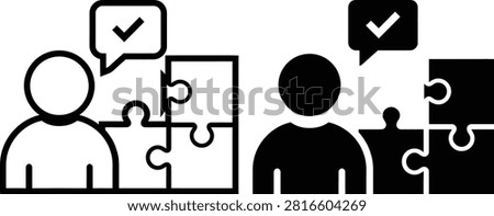Person assembling puzzle pieces with success checkmark thought process solution checkmark strategy business complete