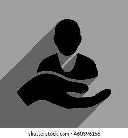 Person Assistance long shadow vector icon. Style is a flat person assistance black iconic symbol on a gray square background with longshadow.