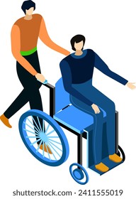 Person assisting another person in a wheelchair, depiction of disability care and support. Caregiver helping disabled man. Assistance and accessibility services vector illustration.