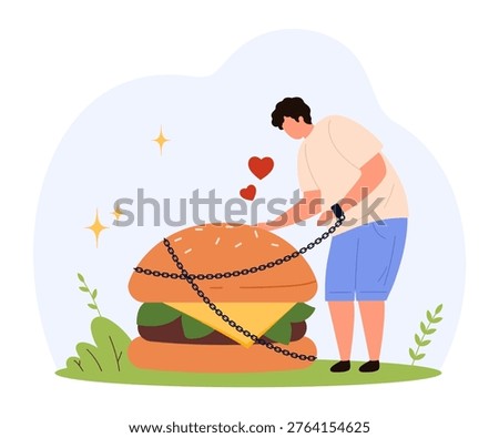 Person attached to oversized cheeseburger with chains, symbolizing fast food addiction, unhealthy eating habits, craving, and emotional attachment in flat isolated vector illustration