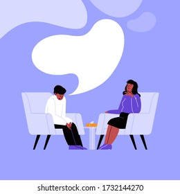 A person attending a therapy session with a black female mental specialist. Personal psychotherapy session. Conversation with a psychologist. Speech bubbles