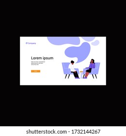 A person attending a therapy session with a female mental specialist. Personal psychotherapy session. Conversation with a psychologist. Website main page template