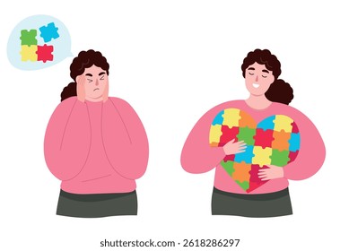 A person with autism spectrum problems, feels the problem, accepts himself. Puzzle as a symbol of mental differences, brain work. Vector flat graphics.
