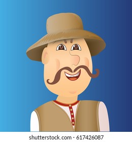 Person avatar, cossack with forelock, mustache. Vector illustration of man in waistcoat and hat. 