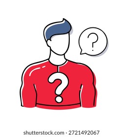 Resumo do avatar da pessoa com ponto de interrogação na camisa e no balão de fala, representando incerteza e procurando respostas