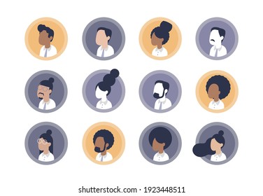 Person avatars collection. Diverse male and female user profile set. Professional business people team. Various ethnicity, race and nationality. Flat vector illustration with different haircut styles.