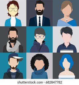 person avatars people heads various style flat illustration style Vector.