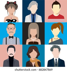 person avatars people heads various style flat illustration style Vector.