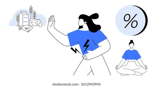 Person avoiding fish, dairy, and wheat while holding stomach in discomfort. Meditation pose for balance and health improvement. Ideal for health, diet, fitness, meditation, wellness, nutrition