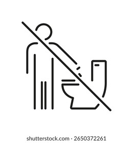 Person Avoiding Toilet Line Icon. Hygiene And Sanitation Awareness Outline Symbol. Public Restroom Etiquette And Cleanliness Reminder. Editable Stroke. Isolated Vector Illustration.
