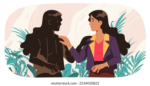 Person aware of shadow self personality. Smiling woman meeting dark unconscious side of oneself. Self-acceptance, awareness, mental health, psychology, consciousness concept flat vector illustration