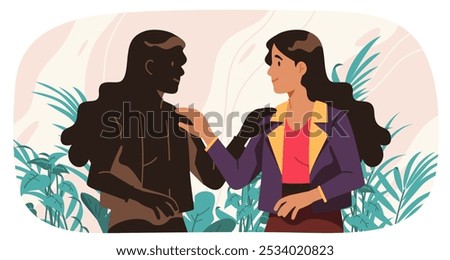 Person aware of shadow self personality. Smiling woman meeting dark unconscious side of oneself. Self-acceptance, awareness, mental health, psychology, consciousness concept flat vector illustration