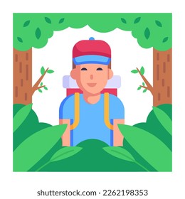 Person with backpack denoting a flat icon of sightseer