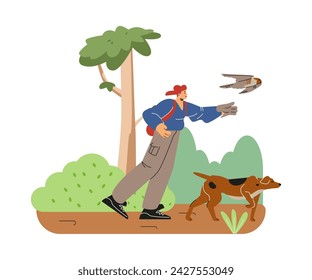 Person with backpack and hawking glove hunting with falcon bird and dog in the forest. Cartoon vector Falconer character on nature. Falconry training, outdoor activities