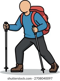 A person with a backpack is hiking with two poles. They are wearing brown boots and grey pants.