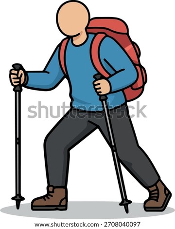 A person with a backpack is hiking with two poles. They are wearing brown boots and grey pants.