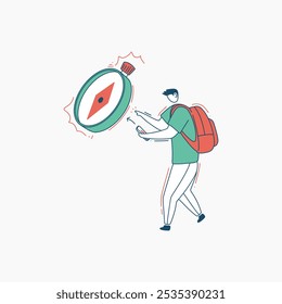 A person with a backpack points toward a large compass in front of them.