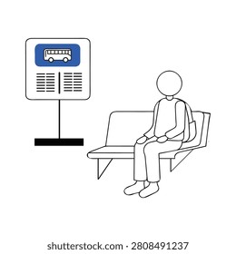 Person with backpack sitting on bench waiting at bus stop sign, backpack