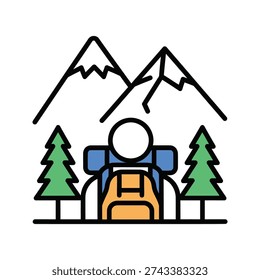 A person with a backpack standing in front of mountains and trees