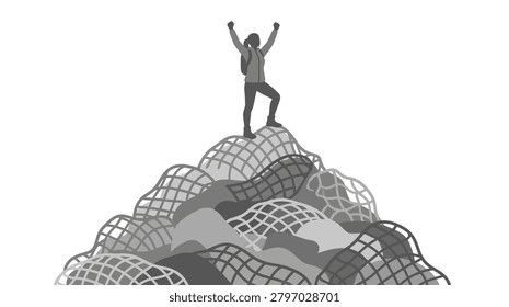 A person with a backpack standing on the peak of a pile of tangled fishing nets with arms raised in victory