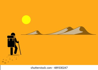 Person with backpack and stick walking in the desert under the hot sun searching for adventure. Sand hill and mountain. Vector depicts expedition, exploration, pilgrimage, and odyssey, and challenges.