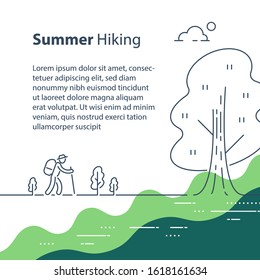 Person with backpack trail walking, summer hiking, outdoor trekking, nature tourism, wild adventure, line drawing, vector linear illustration