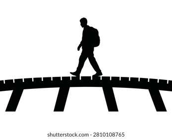 Person with Backpack Walking Across Bridge Silhouette Illustration